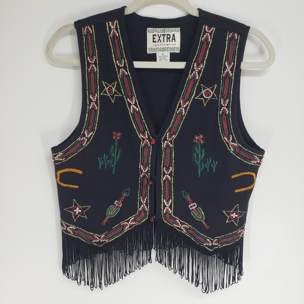 Vintage 90s Southwestern Embroidered Fringe Vest Women Size M Black Western Boho
